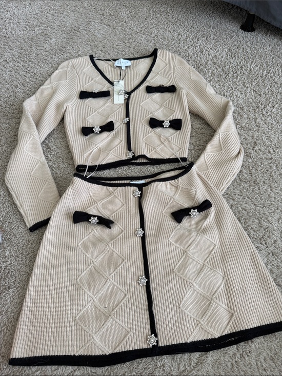 Mable Dresses & Skirts - Beige Knit Mini Skirt Set with Black Trim and Embellished Bows *SmTop, Med Skirt